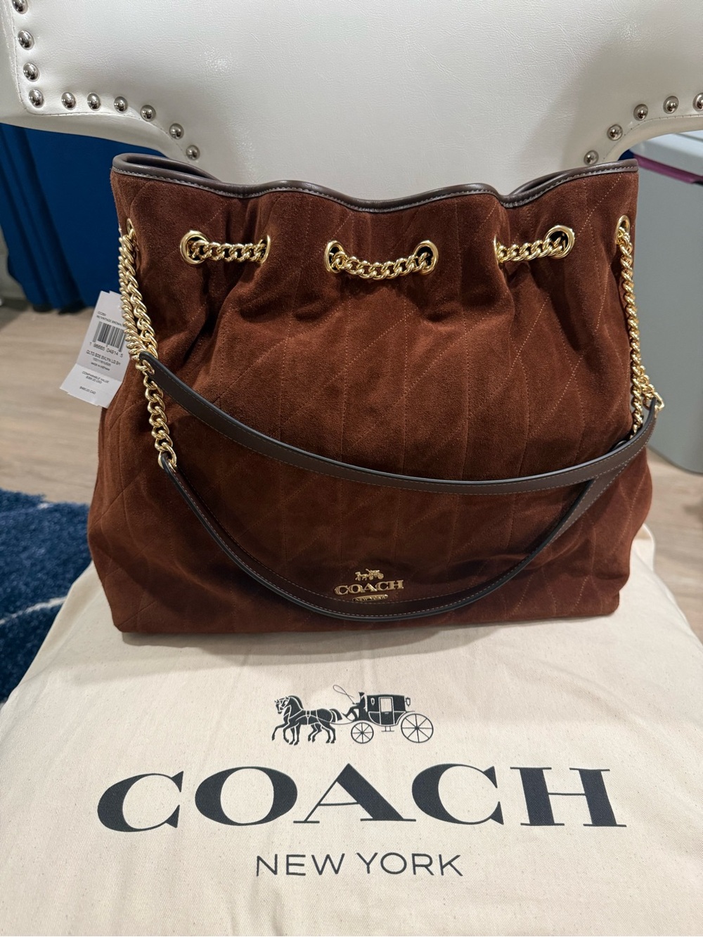 Coach Evelyn Brown Quilted Suede Shoulder Tote with Gold Chain